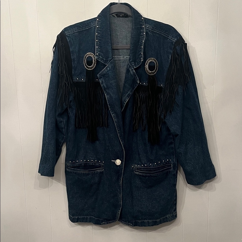 Dark Blue Denim Fringe Jean Jacket with Decorative Conchos